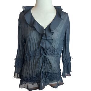 JAIPUR Womens S Sheer Dark Romantic Scrunch Long Sleeve Goth Blouse Black